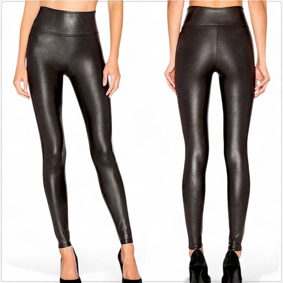 Spanx Black Faux Leather Leggings Stretch Pants Pull On NWT Petite SP and MP - Picture 1 of 5